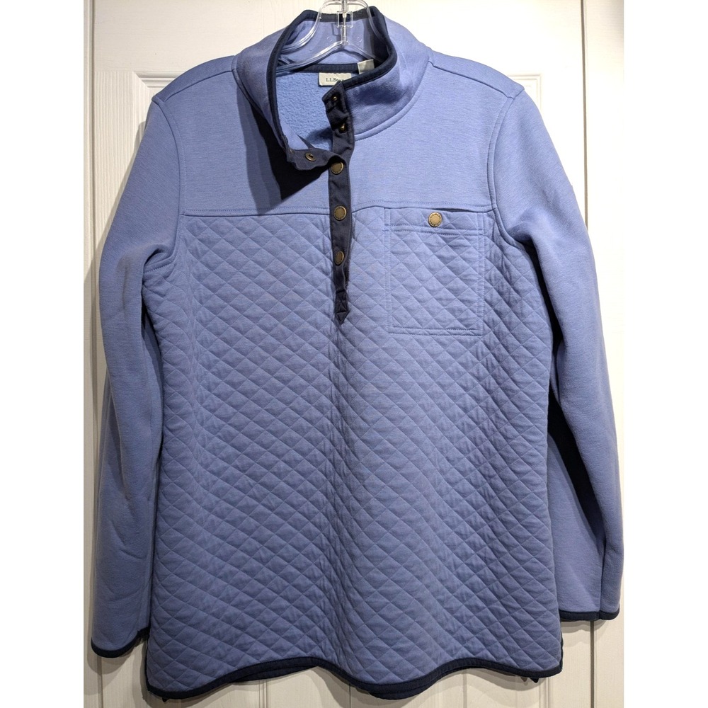L.L.Bean Sweater Womens Large Petite Blue Quilted Snap Front‎ Mock Neck Pullover